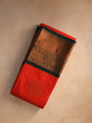 Soft Silk Saree - Vibrant Orange with Green Border and Gold Zari