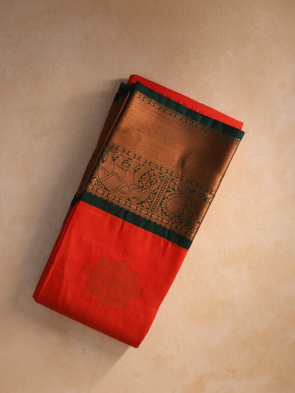 Soft Silk Saree - Vibrant Orange with Green Border and Gold Zari